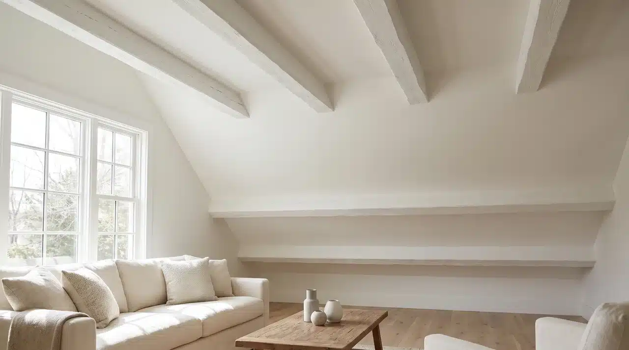 Farmhouse vaulted ceiling living room with whitewashed beams painted to match ceiling in tone-on-tone finish with natural daylight.