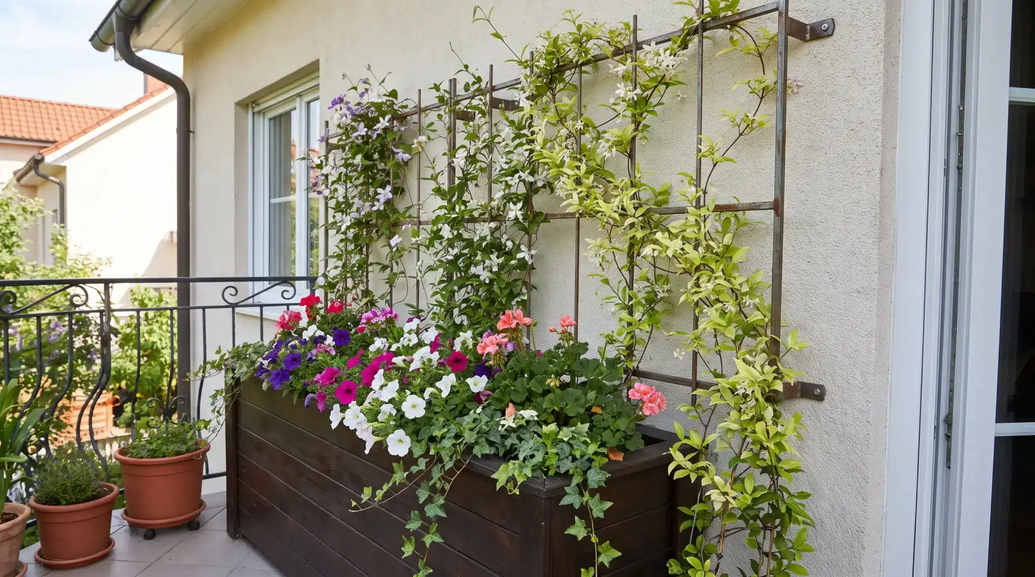 Compact window-box trellis supporting lightweight flowering vines on a small balcony.