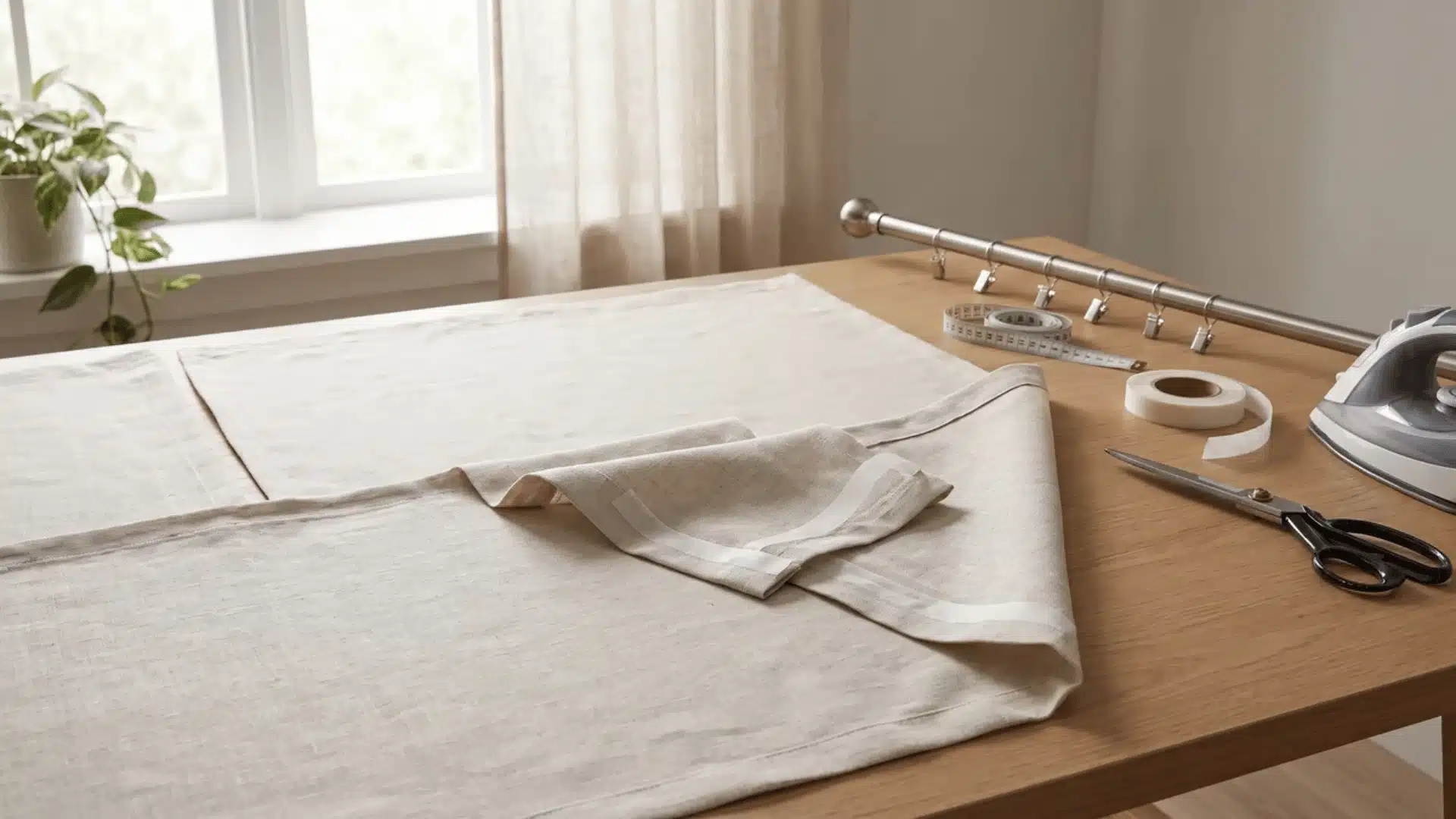 No-sew curtain panel with folded fabric edges, hemming tape, scissors, measuring tape, curtain rod, and clips