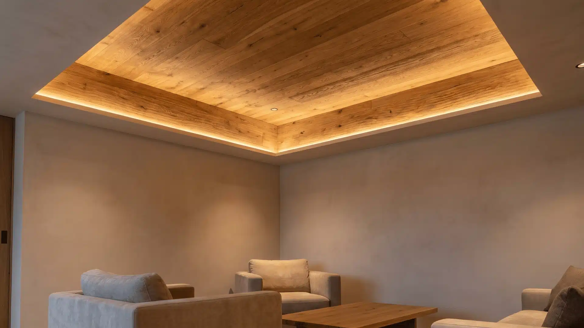 Tray ceiling with wood plank inlay creating warm contrast against smooth painted ceiling surfaces.