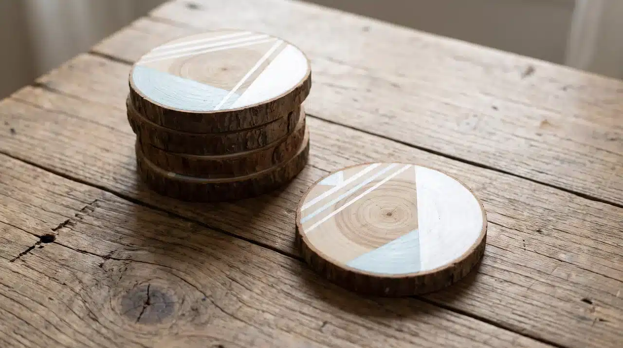 Wood slice coaster set with natural grain and painted details