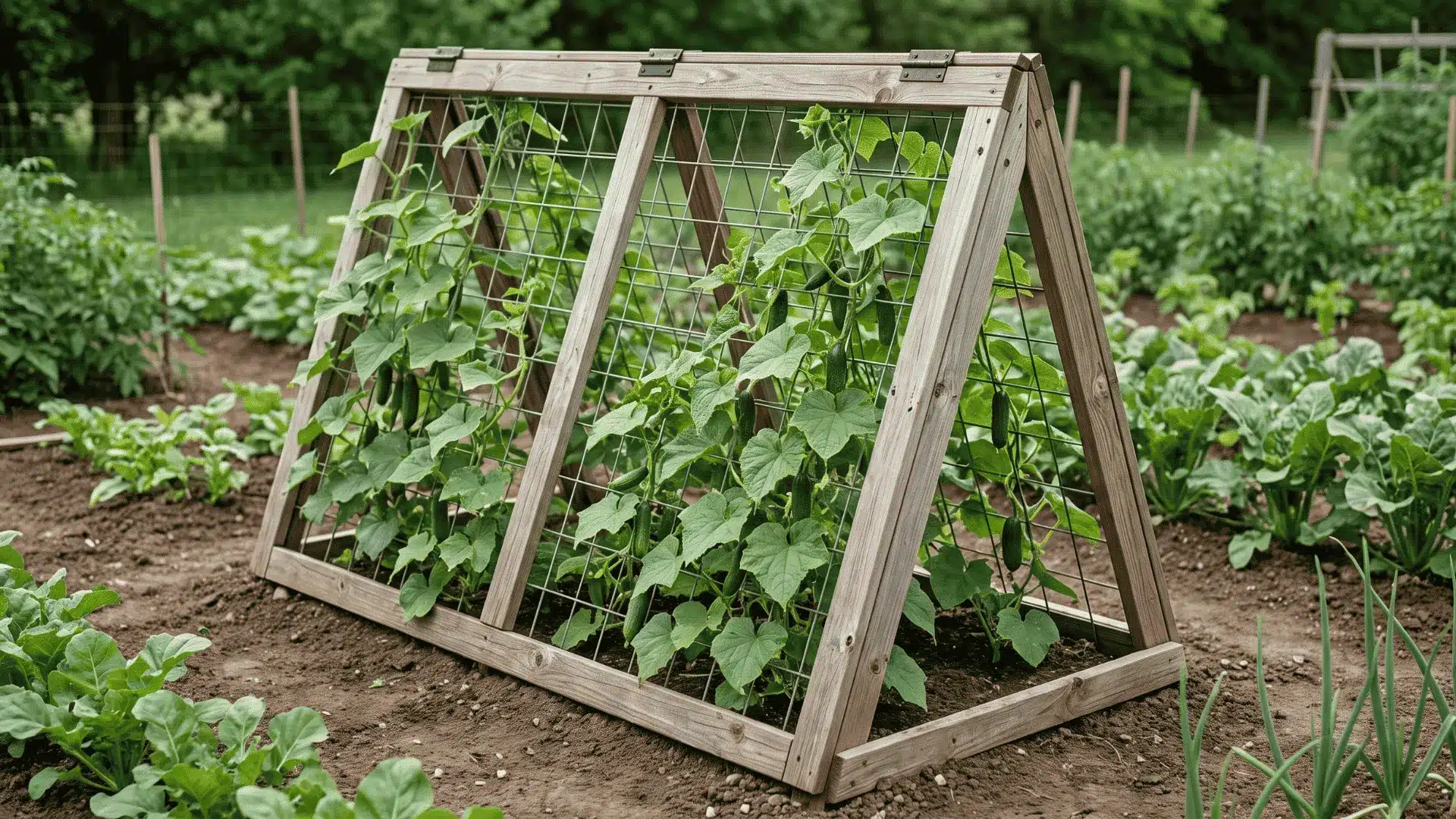 Wooden A-frame trellis with wire mesh supporting cucumber vines on both angled sides.