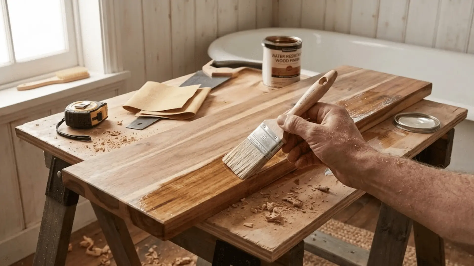 Wooden boards being coated with water-resistant finish on a workbench with brushes and tools