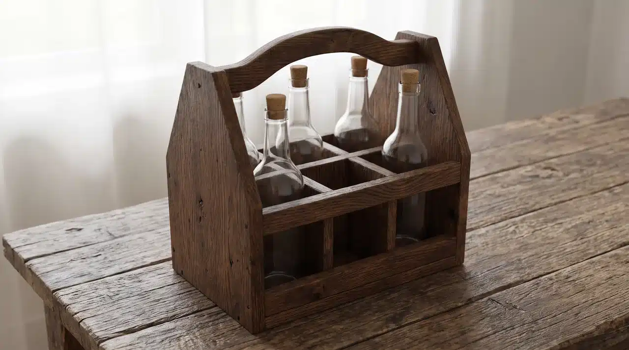 Wooden beverage caddy holding bottles on a wooden surface
