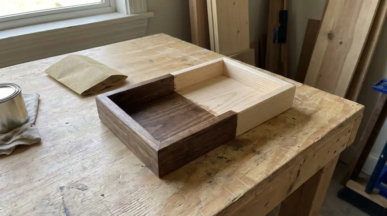 Wooden catchall tray partly stained with sandpaper and finishing materials beside it