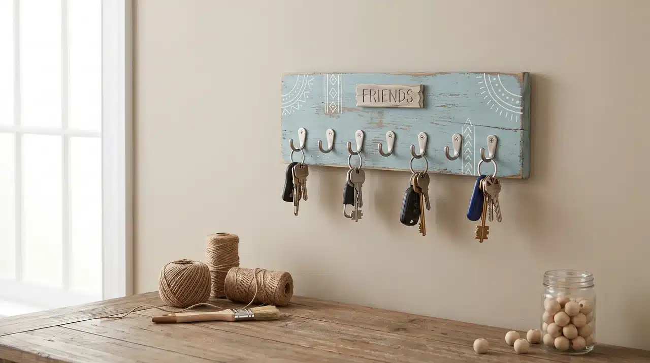 Wooden key holder with metal hooks and painted details mounted on a wall