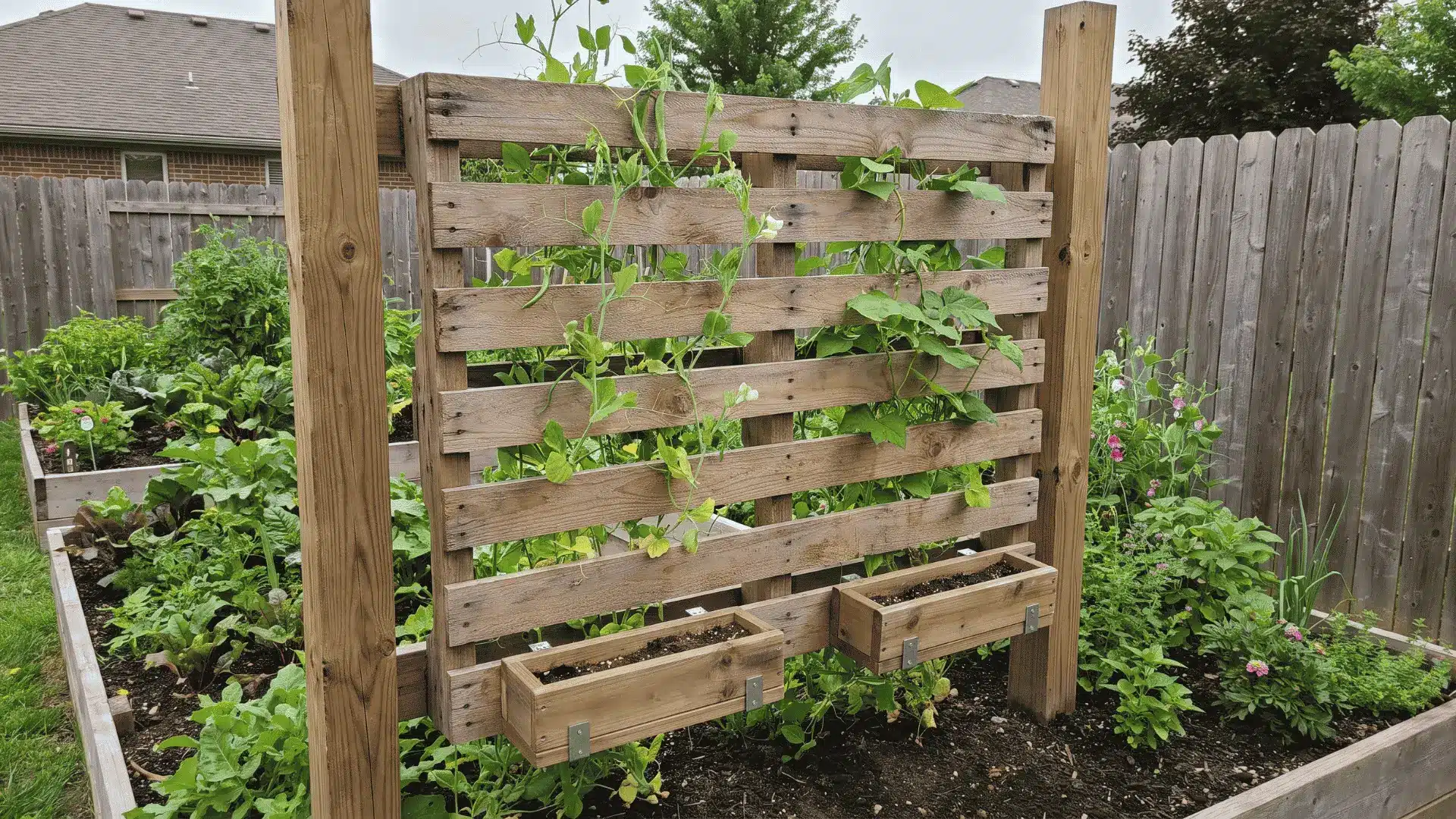 A wooden pallet trellis with climbing plants stands vertically between two posts in a raised garden bed.