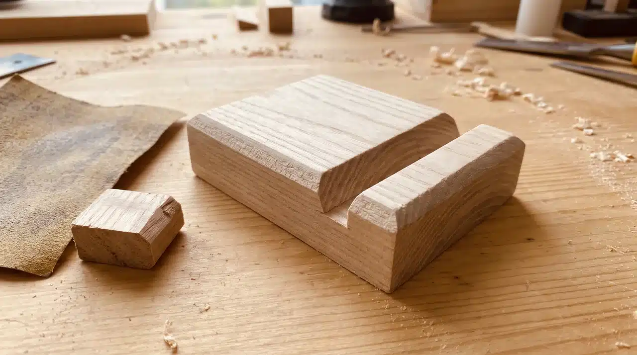 Wooden phone stand with angled slot and smooth sanded edges on a work surface