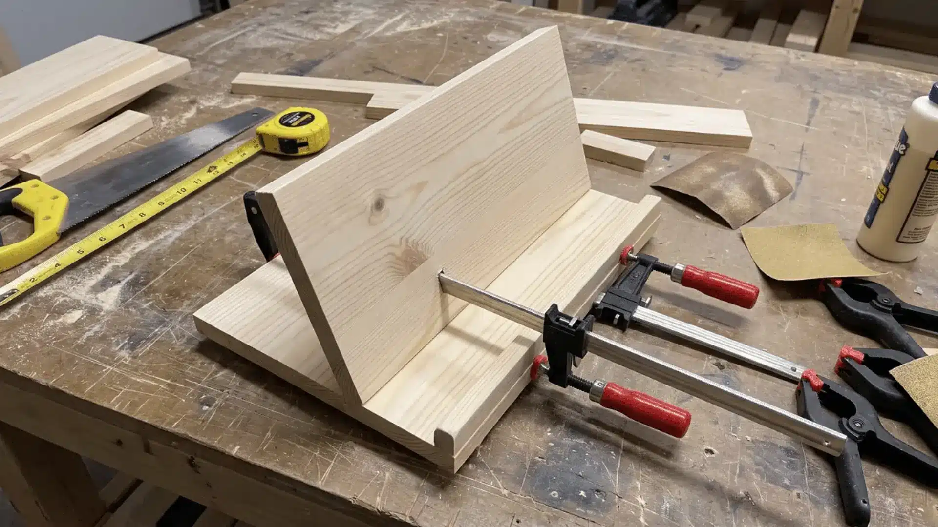 Wooden book stand being assembled with angled backing and front ledge held by clamps beside glue and sanding tools