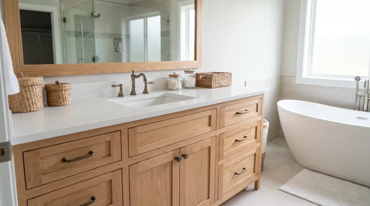 Natural wood bathroom vanity with white countertop, woven baskets, large mirror, and freestanding tub.