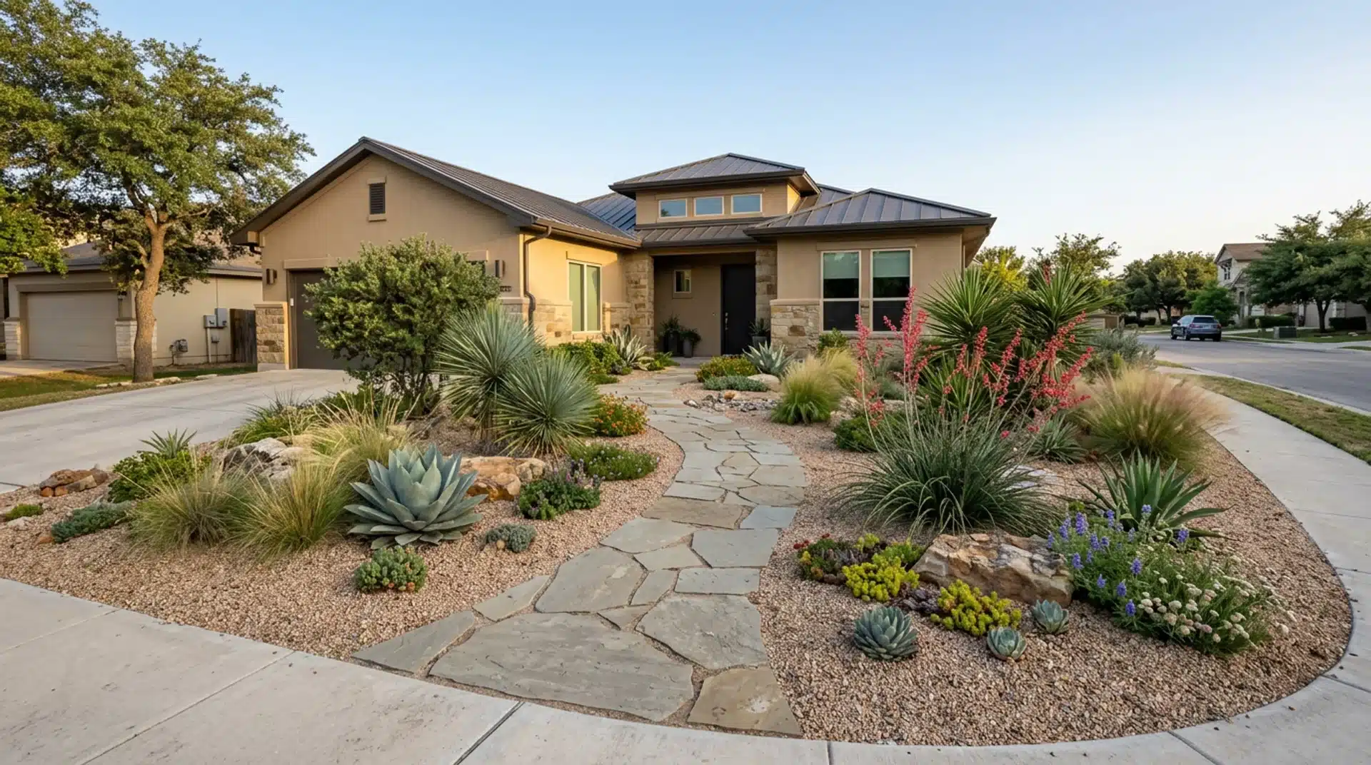 Xeriscaped front yard with drought-tolerant plants, gravel, stone, and ornamental grasses.