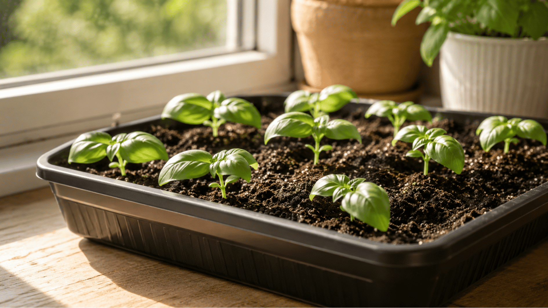 young basil seedlings growing in a seed tray on a sunny windowsill with warm natural light and healthy green leaves.