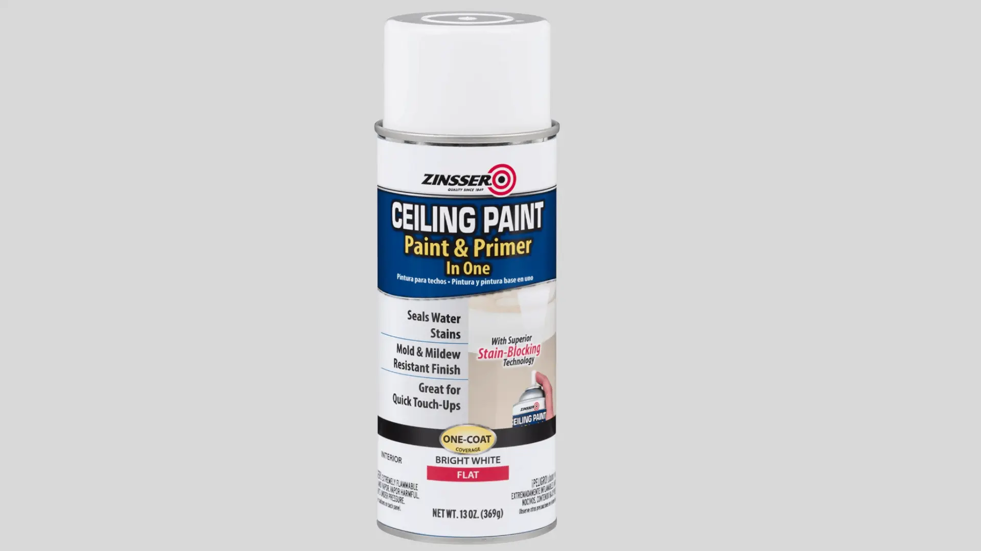 Zinsser bright white ceiling spray paint and primer with a flat, stain-blocking finish.