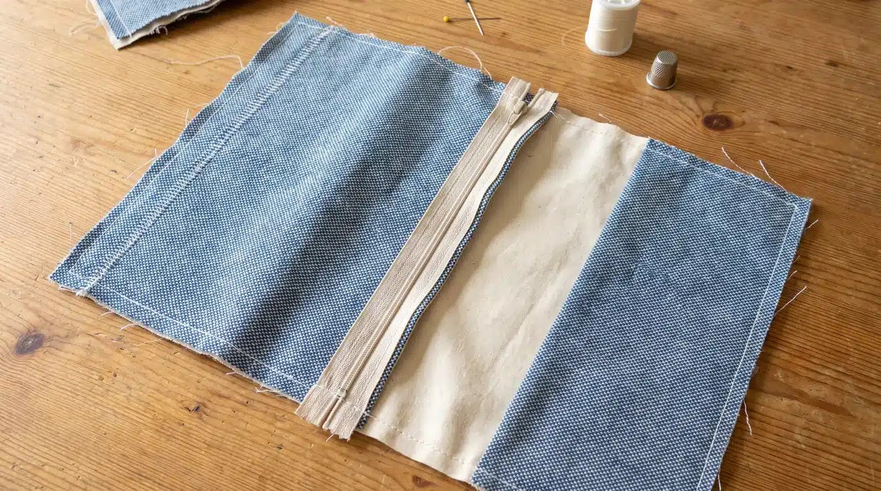 Fabric toiletry bag in progress with lining and a zipper partly attached between two panels
