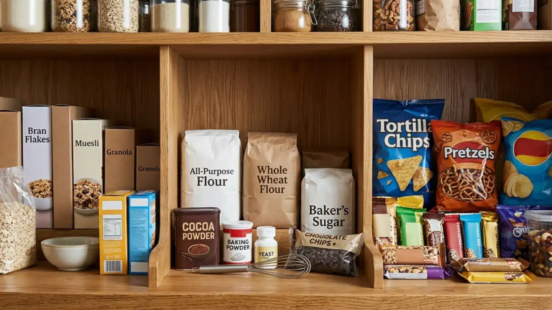 Wooden pantry shelf divided into labeled zones for breakfast baking and snack items