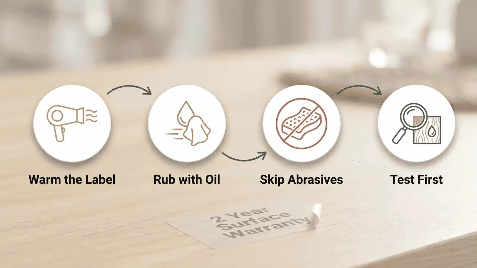 Adhesive removal steps showing warm label, oil rubbing, abrasive warning, and surface testing